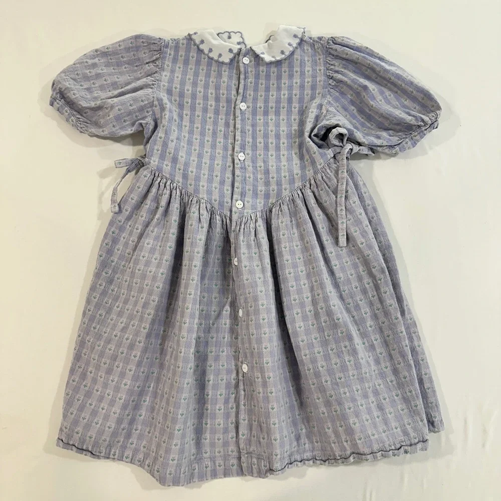 OshKosh B'gosh Vintage Dress Girls 6X Purple Gingham Cotton Floral Peter Pan USA